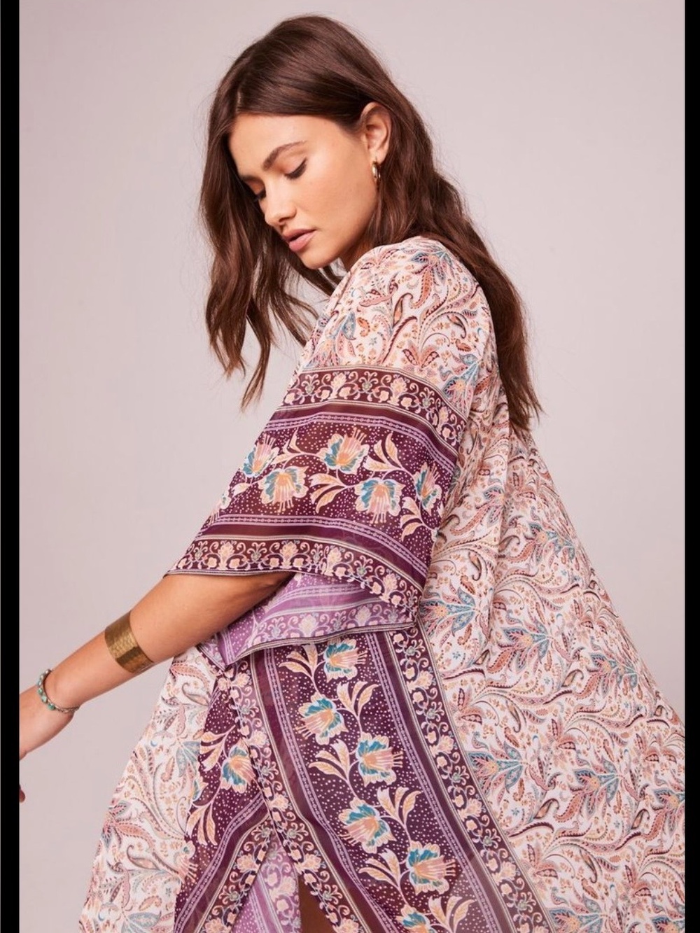 Band of Gypsies Paisley Print Kimono in Cream, Purple & Teal. NWT